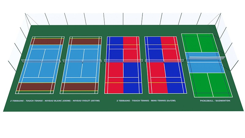 Image 3D représentant 4 terrains de mini-tennis d'un terrain de pickleball