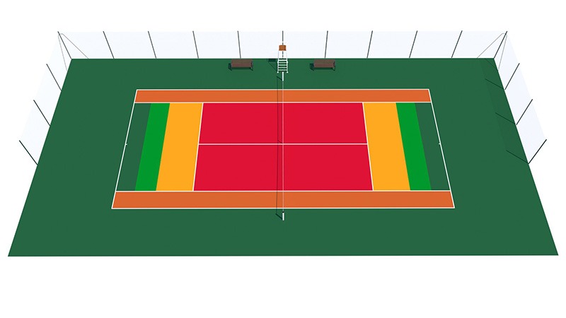 Image 3D d'un court de tennis configuré pour appliquer le programme Galaxie Tennis. Les 3 niveaux sont identifiées par des zones colorées