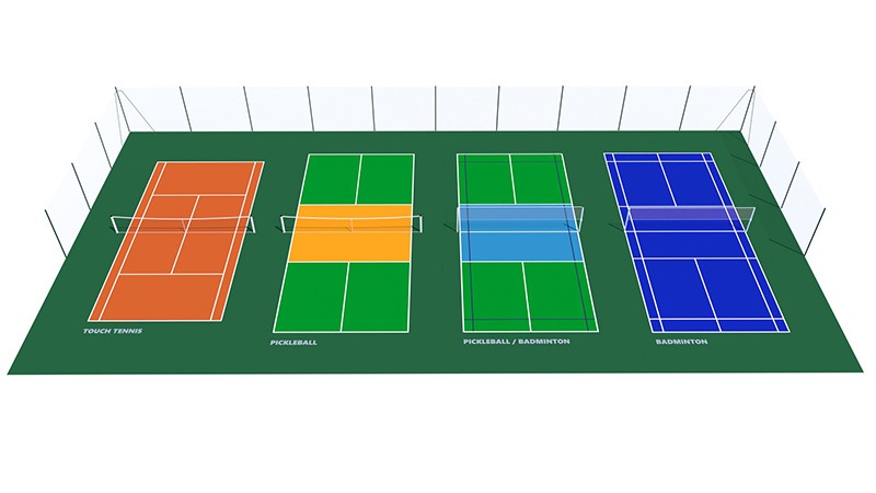 Image 3D d'un court de tennis transformé en 4 terrains de jeux de raquettes : Touch tennis, 2 terrains de pickleball, badminton.